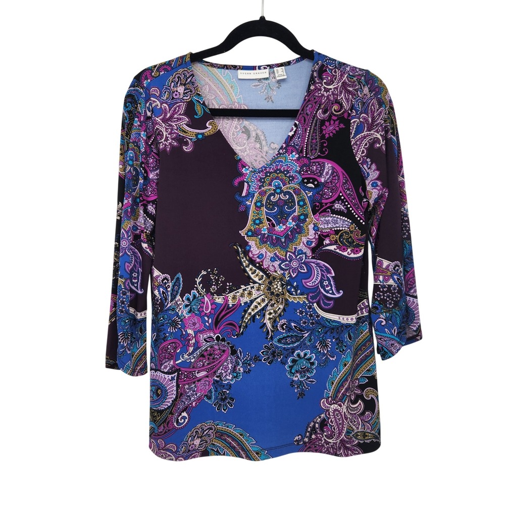 Susan Graver Purple Paisley V-Neck 3/4 Sleeve Boho Maximalist Top XS